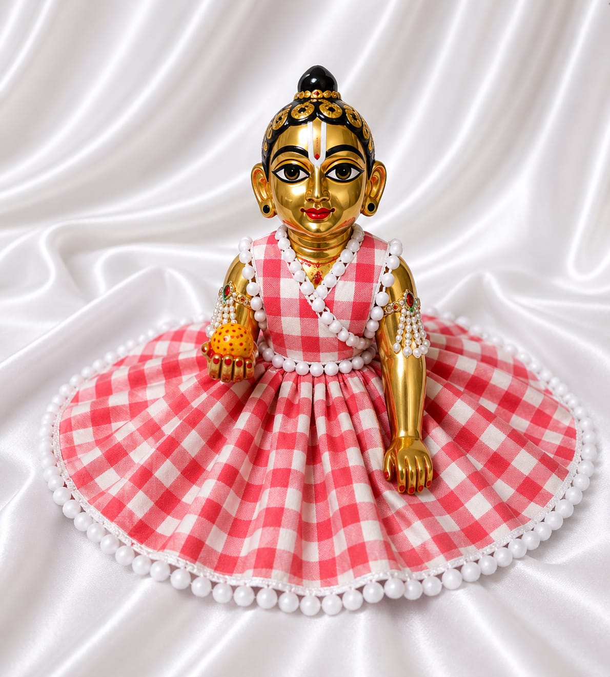 Handmade Pink Checkered Laddu Gopal Dress with Lace Border | Designer Bal Gopal Poshak