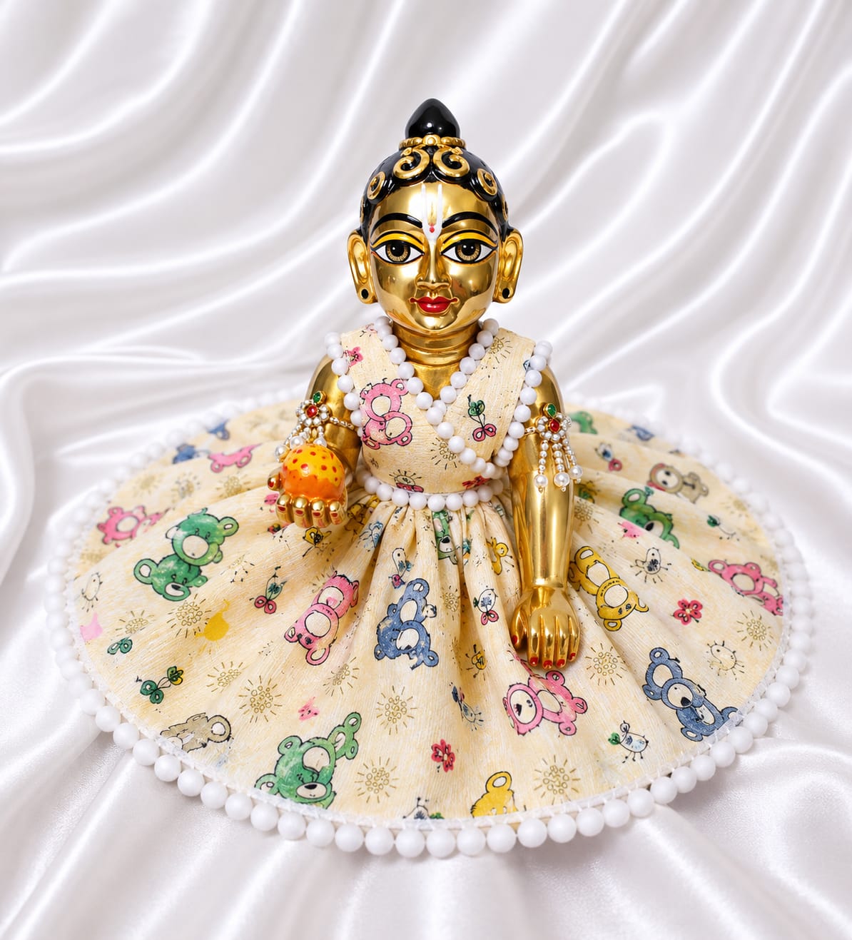 Handmade Cream Floral Laddu Gopal Dress with Multicolor Print | Designer Bal Gopal Poshak