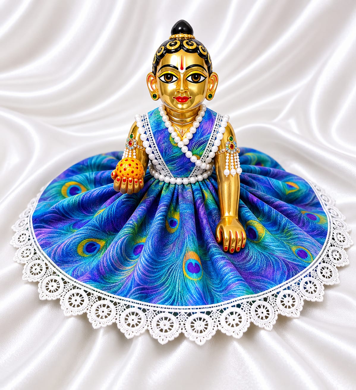 Premium Royal Blue Peacock Feather Laddu Gopal Dress | Handmade Krishna Ji Poshak with Lace Border