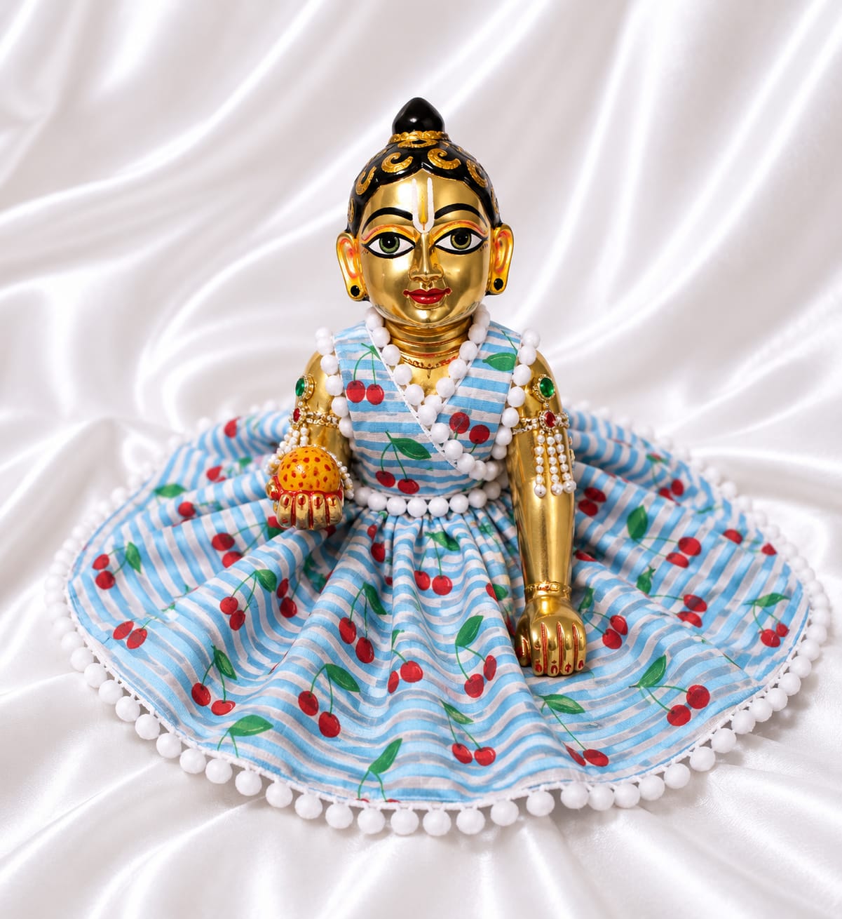 Premium Sky Blue Floral Laddu Gopal Dress with Pom-Pom Lace | Handmade Krishna Ji Poshak for Bal Gopal