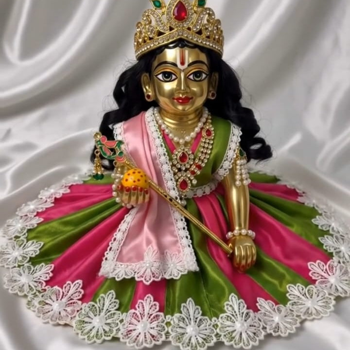 Handmade Green & Pink Laddu Gopal Dress with White Lace | Designer Bal Gopal Poshak for Krishna Ji