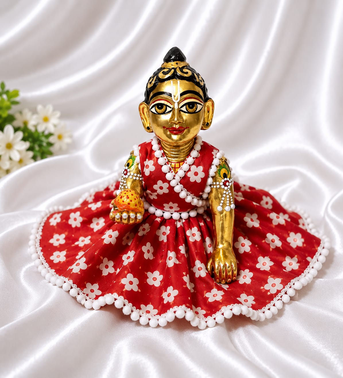 Handmade Red Floral Laddu Gopal Dress with White Lace | Designer Bal Gopal Poshak for Krishna Ji