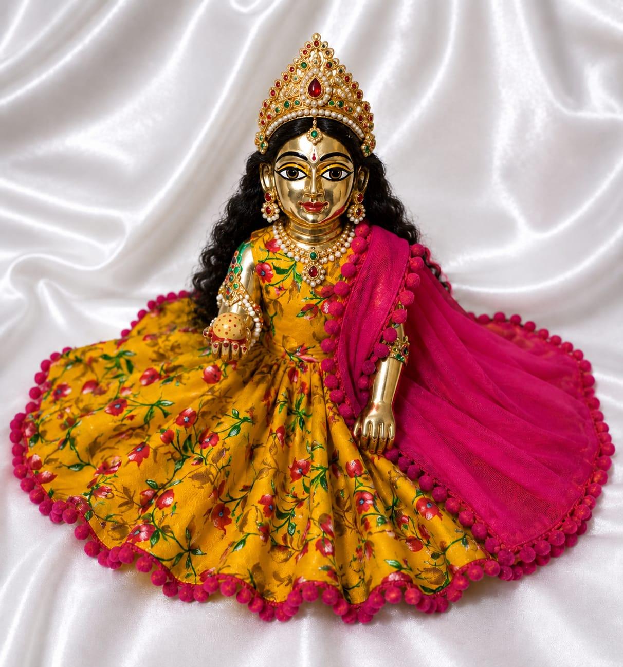 Laddu Gopal Summer Dress – Yellow Floral Poshak with Pink Dupatta | Handmade Thakur Ji Vastra