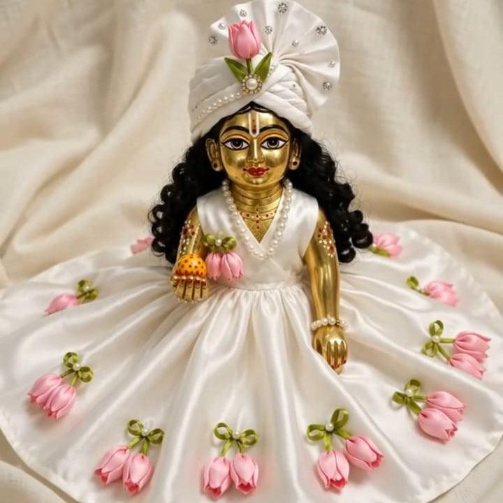 Premium White Tulip Laddu Gopal Dress | Handmade Floral Poshak for Kanha Ji | Krishna Ethnic