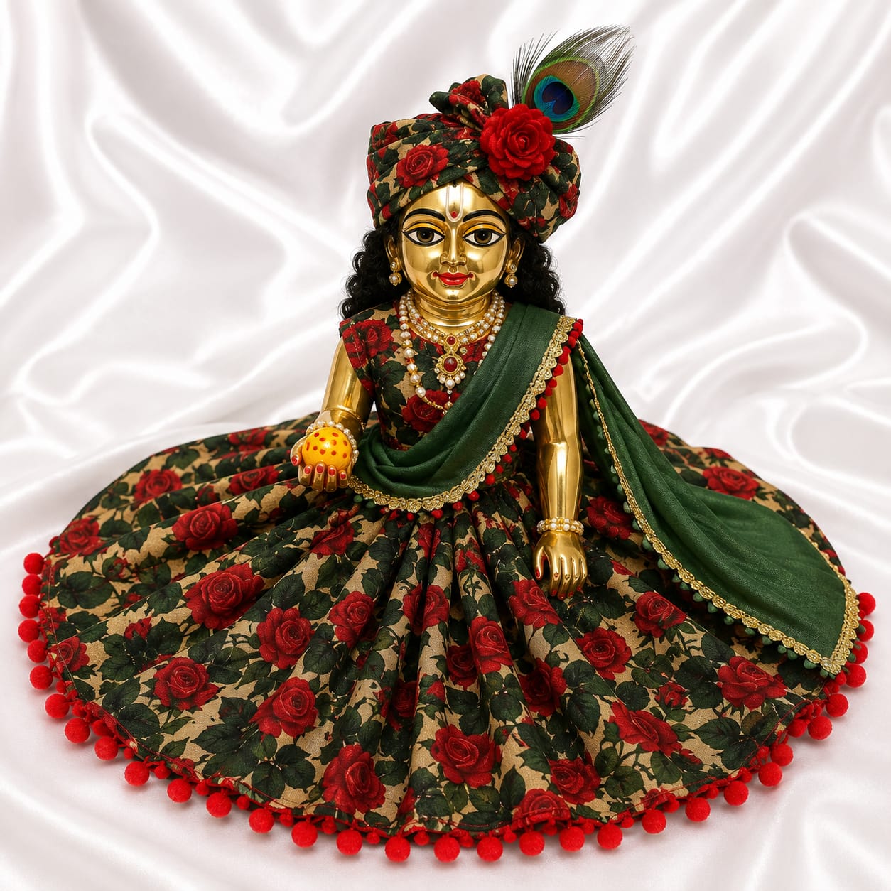 Laddu Gopal Floral Print Dress with Green Dupatta | Premium Krishna Poshak