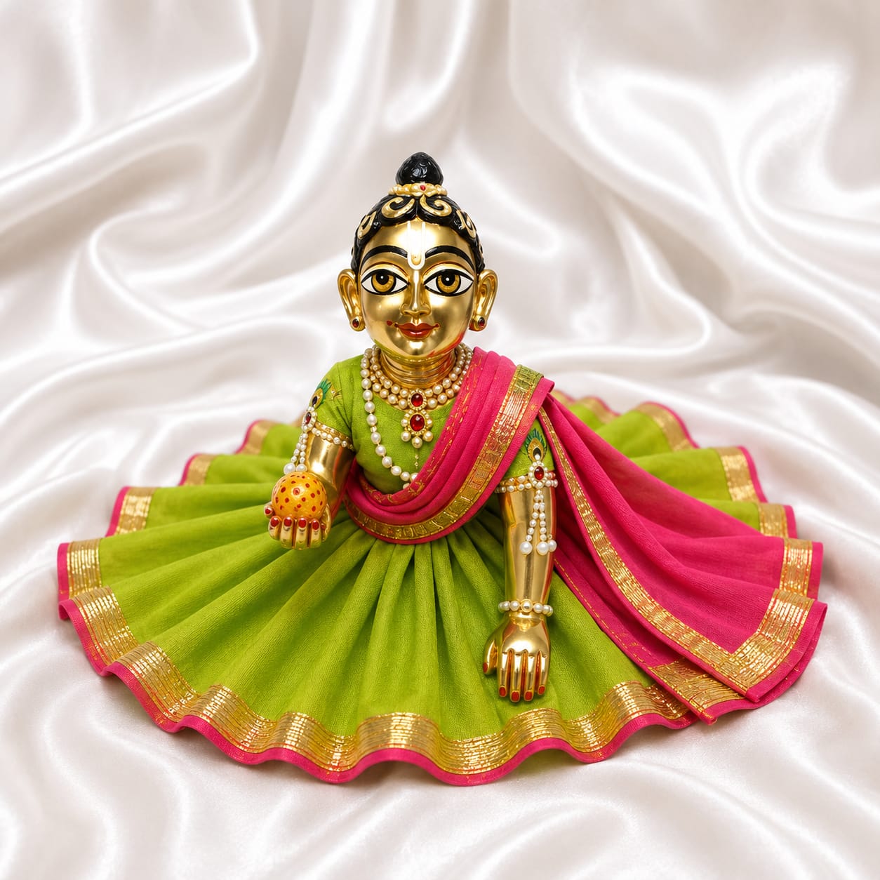 Laddu Gopal Green Flared Dress with Pink Dupatta | Premium Krishna Poshak