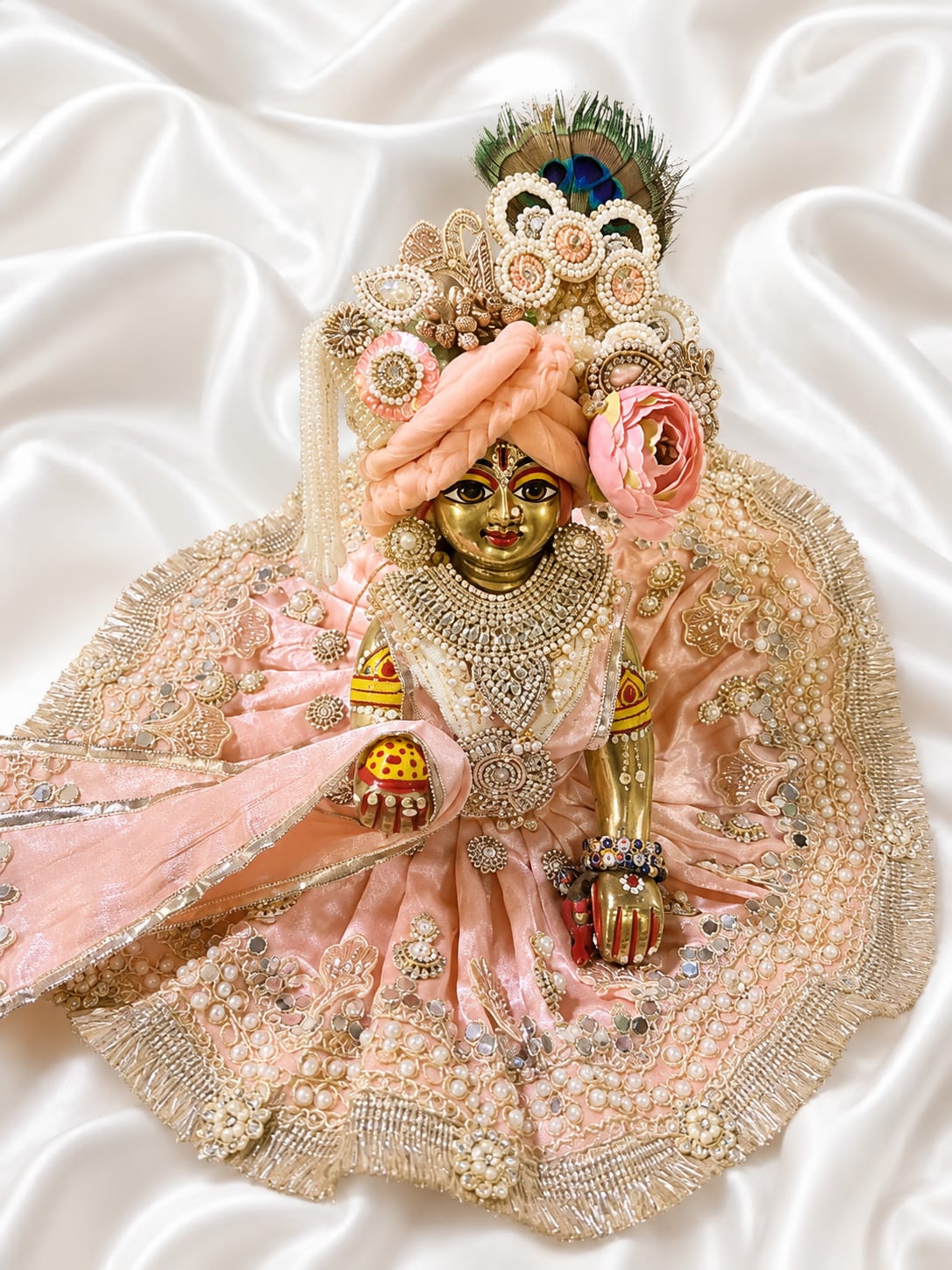 pinkish peach colour heavy embroidery work dress with pagdi for laddu gopal