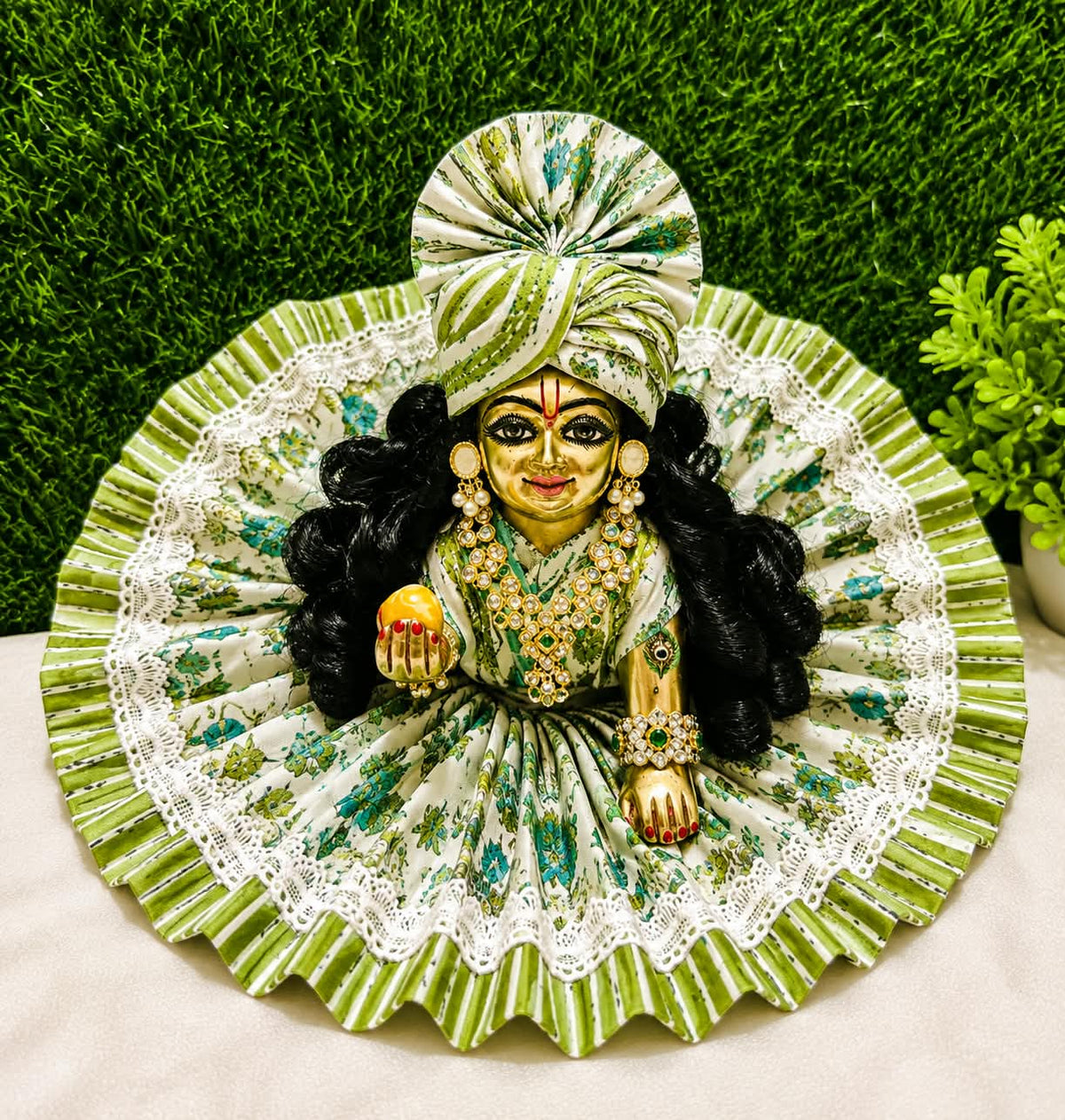 laddu gopal green and white combo dress