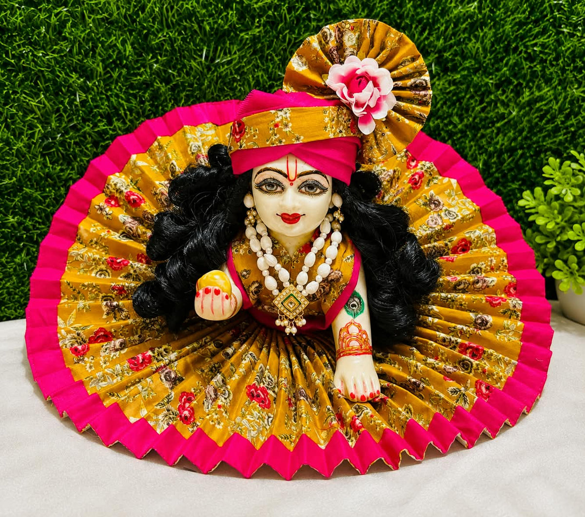 pink and yellow combo dress for ladu gopal with pagdi