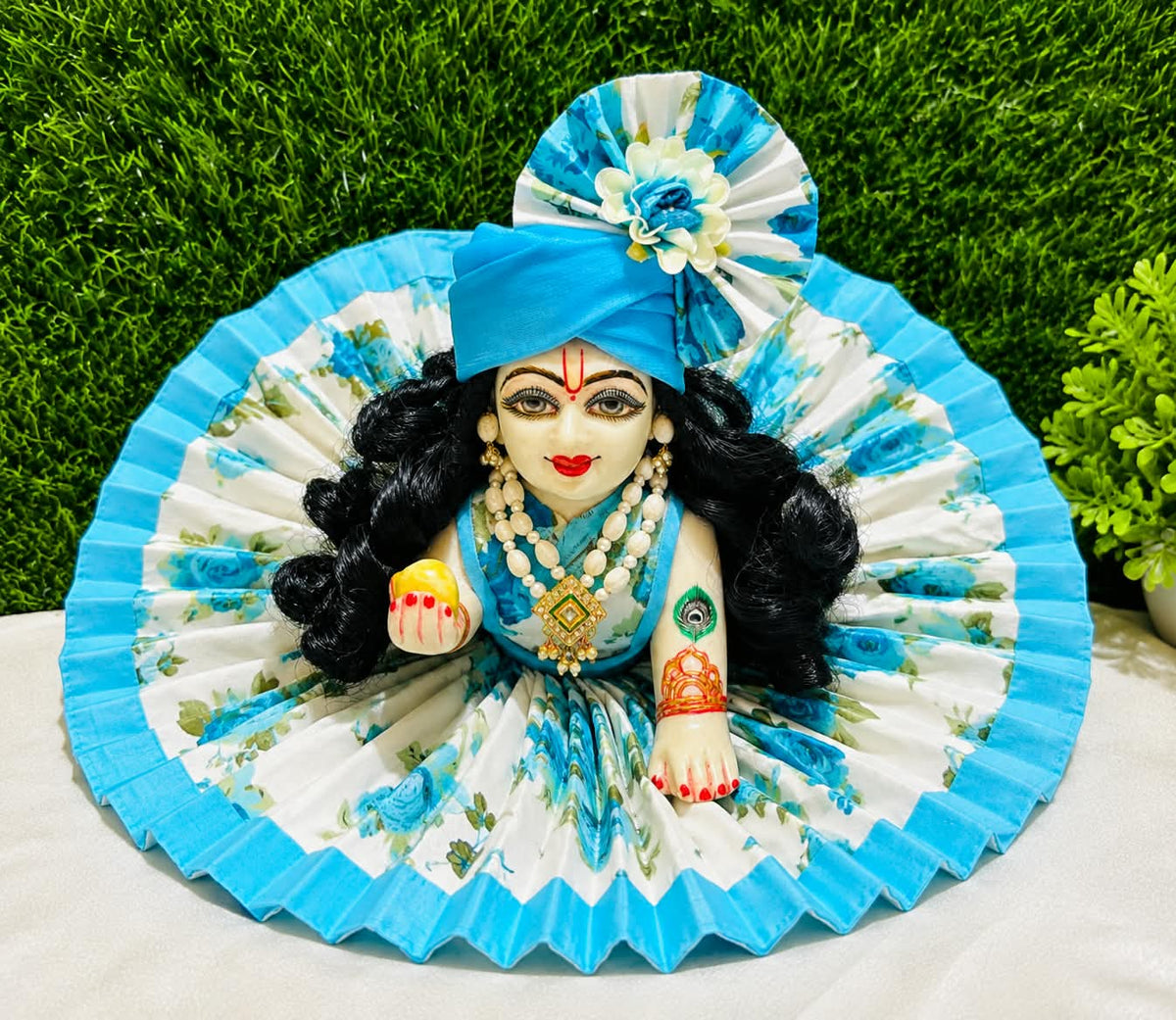 pink and blue combo dress for ladu gopal with pagdi