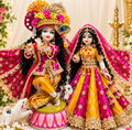 Beautiful designer poshak for RadhaKrishna in orange - pink combo